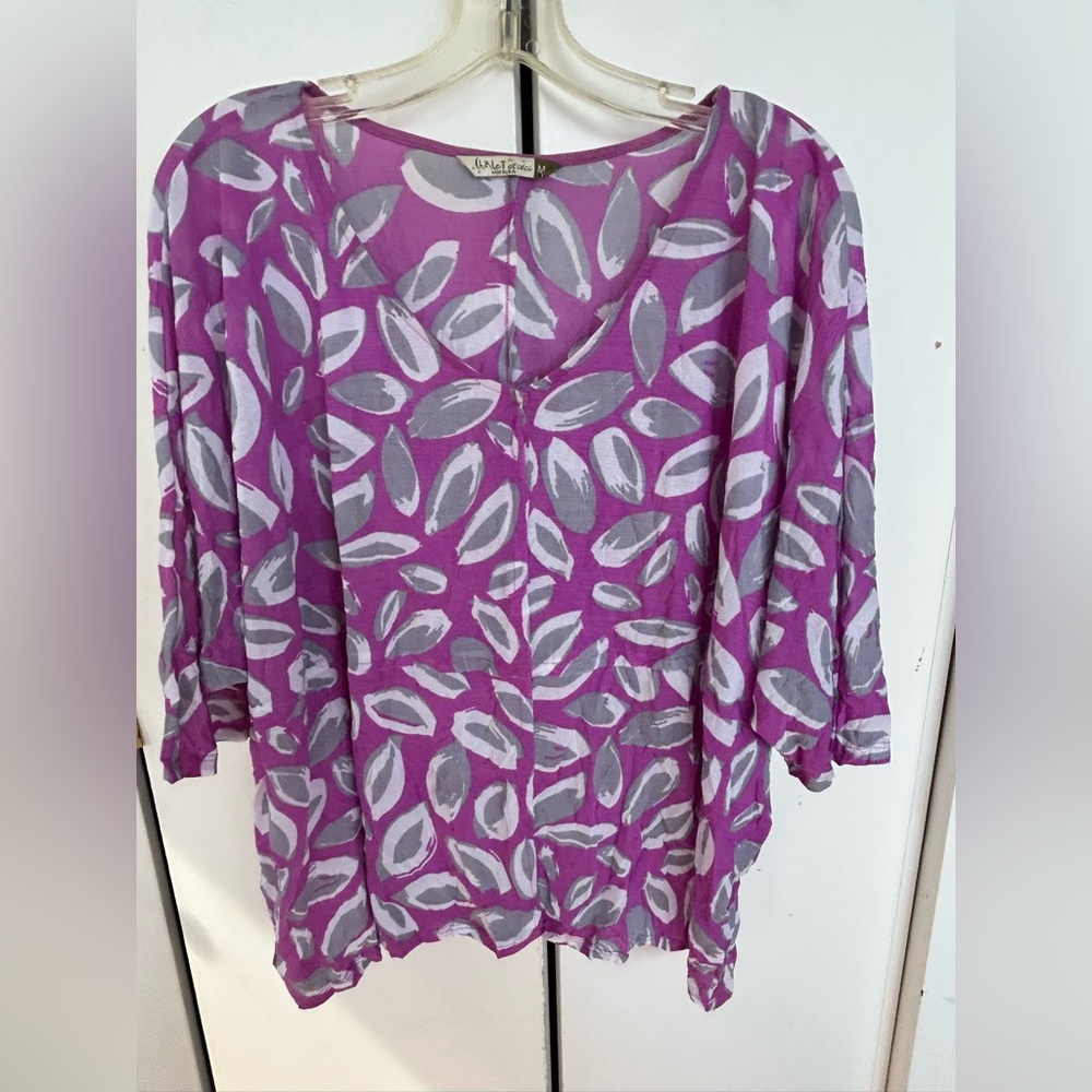 Chalet et Ceci Vibrant Purple and Gray Leaf Print Blouse